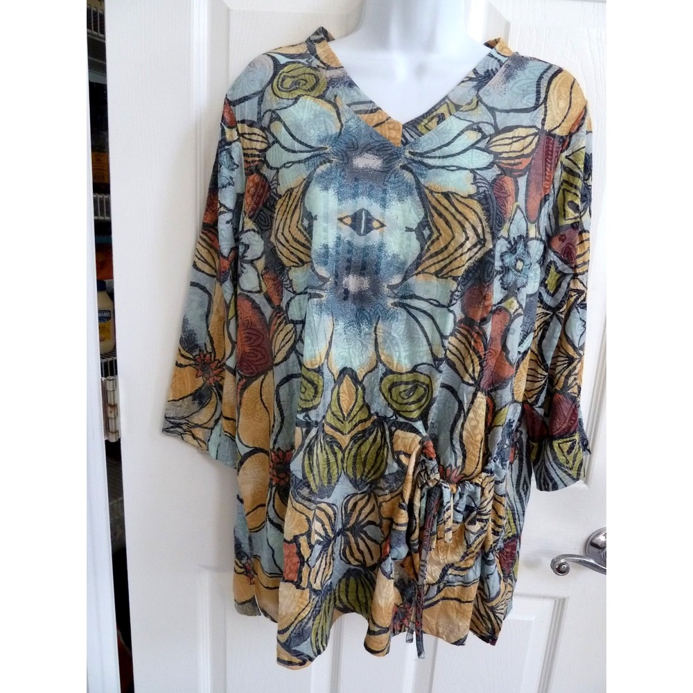 Ali Miles Tunic Top Womens Medium 10 12 Abstract Textured Tie Pocket V-Neck